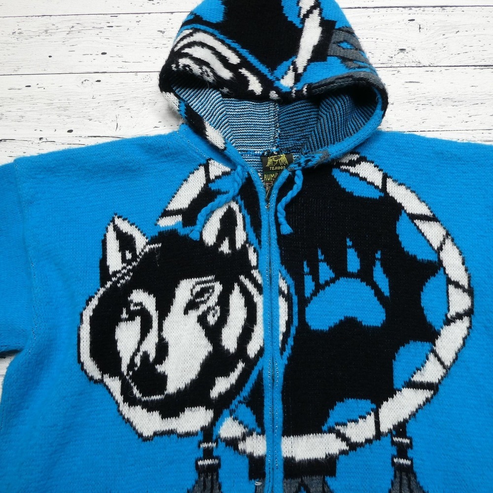 Tejidos Ruminahui Sweater Mens Large Wolf Dreamcatcher Hooded Jacket Ecuador - Picture 2 of 10